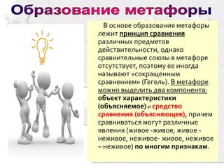 В основе образования метафоры
лежит принцип сравнения
различных предметов
действительности, однако
сравнительные союзы в метафоре
отсутствует, поэтому ее иногда
называют «сокращенным
сравнением» (Гегель). В метафоре
можно выделить два компонента:
объект характеристики
(объясняемое) и средство
сравнения (объясняющее), причем
сравниваться могут различные
явления (живое -живое, живое неживое, неживое- живое, неживое
– неживое) по многим признакам.

 