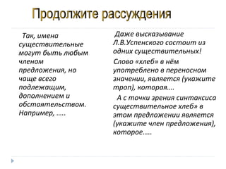 Так, имена
существительные
могут быть любым
членом
предложения, но
чаще всего
подлежащим,
дополнением и
обстоятельством.
Например, …..

Даже высказывание
Л.В.Успенского состоит из
одних существительных!
Слово «хлеб» в нём
употреблено в переносном
значении, является (укажите
троп), которая….
А с точки зрения синтаксиса
существительное хлеб» в
этом предложении является
(укажите член предложения),
которое…..

 