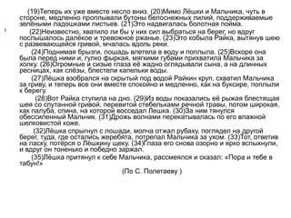 (19)Теперь их уже вместе несло вниз. (20)Мимо Лёшки и Мальчика, чуть в
стороне, медленно проплывали бутоны белоснежных лилий, поддерживаемые
зелёными ладошками листьев. (21)Это надвигалась болотная пойма.
(22)Неизвестно, хватило ли бы у них сил выбраться на берег, но вдруг
послышалось далёкое и тревожное ржанье. (23)Это кобыла Райка, вытянув шею
с развевающейся гривой, мчалась вдоль реки.
(24)Поднимая брызги, лошадь влетела в воду и поплыла. (25)Вскоре она
была перед ними и, гулко фыркая, мягкими губами прихватила Мальчика за
холку. (26)Огромные и сизые глаза её жадно оглядывали сына, а на длинных
ресницах, как слёзы, блестели капельки воды.
(27)Лёшка взобрался на скрытый под водой Райкин круп, схватил Мальчика
за гриву, и теперь все они вместе спокойно и медленно, как на буксире, поплыли
к берегу.
(28)Вот Райка ступила на дно. (29)Из воды показались её рыжая блестящая
шея со спутанной гривой, перевитой стебельками речной травы, потом широкая,
как палуба, спина, на которой восседал Лешка. (30)За ним тянулся
обессиленный Мальчик. (31)Дрожь волнами перекатывалась по его влажной
шелковистой коже.
(32)Лёшка спрыгнул с лошади, молча отжал рубаху, поглядел на другой
берег, туда, где остались жеребята, потрепал Мальчика за ухом. (33)Тот, ответив
на ласку, потёрся о Лёшкину щеку. (34)Глаза его снова озорно и ярко вспыхнули,
и вдруг он тоненько и победно заржал.
(35)Лёшка притянул к себе Мальчика, рассмеялся и сказал: «Пора и тебе в
табун!»
(По С. Полетаеву )

 