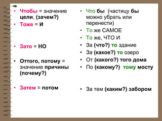 • Чтобы = значение
цели, (зачем?)
• Тоже = И

• Зато = НО
• Оттого, потому =
значение причины
(почему?)
• Затем = потом

• Что бы (частицу бы
можно убрать или
перенести)
• То же САМОЕ
• То же, ЧТО И
• За (что?) то здание
• За (какое?) то озеро
• От (какого?) того дома
• По (какому?) тому мосту

• За тем (каким?) забором

 