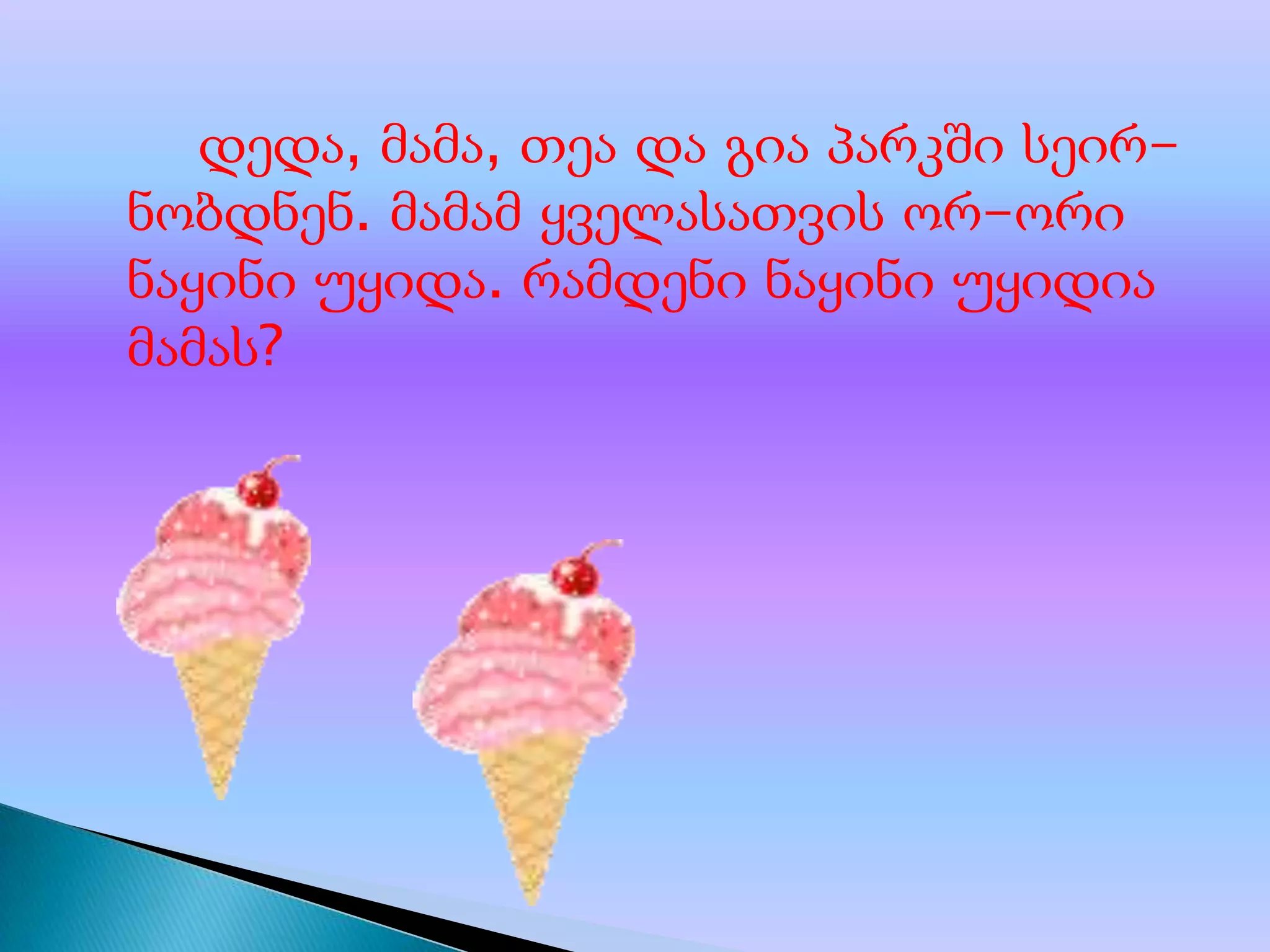 დედა, მამა, თეა და გია პარკში სეირნობდნენ. მამამ ყველასათვის ორ-ორი
ნაყინი უყიდა. რამდენი ნაყინი უყიდია
მამას?

 