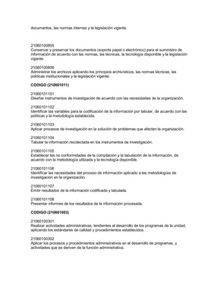 documentos, las normas internas y la legislación vigente.

21060100805
Conservar y preservar los documentos (soporte papel o electrónico) para el suministro de
información de acuerdo con las normas, las técnicas, la tecnología disponible y la legislación
vigente.
21060100806
Administrar los archivos aplicando los principios archivísticos, las normas técnicas, las
políticas institucionales y la legislación vigente.
CODIGO (210601011)
21060101101
Diseñar instrumentos de investigación de acuerdo con las necesidades de la organización.
21060101102
Identificar las variables para la codificación de la información por tabular, de acuerdo con las
políticas y la metodología establecida.
21060101103
Aplicar procesos de investigación en la solución de problemas que afecten la organización.
21060101104
Tabular la información recolectada en los instrumentos de investigación.
21060101105
Establecer las no conformidades de la compilación y la tabulación de la información, de
acuerdo con la metodología utilizada y la tecnología disponible.
21060101106
Identificar las necesidades del proceso de información aplicado a las metodologías de
investigación en la organización.
21060101107
Emitir resultados de la información codificada y tabulada.
21060101108
Presentar informes de los resultados de la información procesada.
CODIGO (210601003)
21060100301
Realizar actividades administrativas, tendientes al desarrollo de los programas de la unidad,
aplicando los estándares de calidad y procedimientos establecidos.
21060100302
Aplicar los procesos y procedimientos administrativos en el desarrollo de programas, y
actividades que se deriven de la función administrativa.

 