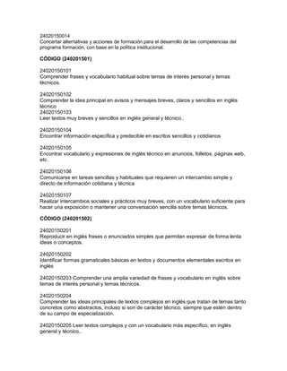 24020150014
Concertar alternativas y acciones de formación para el desarrollo de las competencias del
programa formación, con base en la política institucional.

CÓDIGO (240201501)
24020150101
Comprender frases y vocabulario habitual sobre temas de interés personal y temas
técnicos.
24020150102
Comprender la idea principal en avisos y mensajes breves, claros y sencillos en inglés
técnico
24020150103
Leer textos muy breves y sencillos en inglés general y técnico..
24020150104
Encontrar información específica y predecible en escritos sencillos y cotidianos
24020150105
Encontrar vocabulario y expresiones de inglés técnico en anuncios, folletos, páginas web,
etc.
24020150106
Comunicarse en tareas sencillas y habituales que requieren un intercambio simple y
directo de información cotidiana y técnica
24020150107
Realizar intercambios sociales y prácticos muy breves, con un vocabulario suficiente para
hacer una exposición o mantener una conversación sencilla sobre temas técnicos.
CÓDIGO (240201502)
24020150201
Reproducir en inglés frases o enunciados simples que permitan expresar de forma lenta
ideas o conceptos.
24020150202
Identificar formas gramaticales básicas en textos y documentos elementales escritos en
inglés
24020150203 Comprender una amplia variedad de frases y vocabulario en inglés sobre
temas de interés personal y temas técnicos.
24020150204
Comprender las ideas principales de textos complejos en inglés que tratan de temas tanto
concretos como abstractos, incluso si son de carácter técnico, siempre que estén dentro
de su campo de especialización.
24020150205 Leer textos complejos y con un vocabulario más específico, en inglés
general y técnico..

 