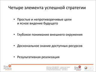 Четыре элемента успешной стратегии
• Простые и непротиворечивые цели
и ясное видение будущего
• Глубокое понимание внешнего окружения
• Доскональное знание доступных ресурсов
• Результативная реализация

 