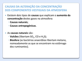 A AtmosferaALTERAÇÃO DA CONCENTRAÇÃO
CAUSAS DA da Terra

DOS COMPONENTES VESTIGIAIS DA ATMOSFERA


Existem dois tipos de causas que explicam o aumento da
concentração destes gases na atmosfera:
◦ Causas naturais;
◦ Causas antropogénicas.



As causas naturais são:
◦ Vulcões (libertam SO2, CO e H2S);
◦ Biosfera (as bactérias anaeróbias libertam metano,
nomeadamente as que se encontram no estômago
dos ruminantes).

 