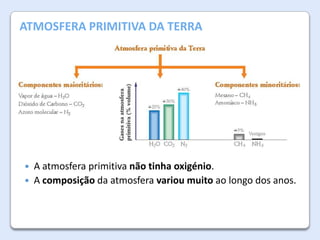 A Atmosfera da Terra
ATMOSFERA PRIMITIVA DA TERRA




A atmosfera primitiva não tinha oxigénio.
A composição da atmosfera variou muito ao longo dos anos.

 