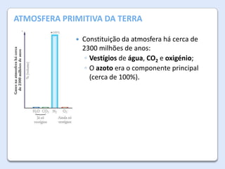 A Atmosfera da Terra
ATMOSFERA PRIMITIVA DA TERRA


Constituição da atmosfera há cerca de
2300 milhões de anos:
◦ Vestígios de água, CO2 e oxigénio;
◦ O azoto era o componente principal
(cerca de 100%).

 
