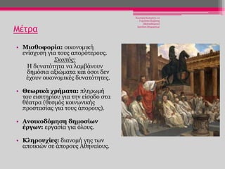Μέτρα
• Μιζθοθοπία: νηθνλνκηθή
ελίζρπζε γηα ηνπο απνξφηεξνπο.
Σκοπόρ:
Η δπλαηφηεηα λα ιακβάλνπλ
δεκφζηα αμηψκαηα θαη φζνη δελ
έρνπλ νηθνλνκηθέο δπλαηφηεηεο.
• Θεωπικά σπήμαηα: πιεξσκή
ηνπ εηζηηεξίνπ γηα ηελ είζνδν ζηα
ζέαηξα (ζεζκφο θνηλσληθήο
πξνζηαζίαο γηα ηνπο άπνξνπο).

• Ανοικοδόμηζη δημοζίων
έπγων: εξγαζία γηα φινπο.
• Κληποςσίερ: δηαλνκή γεο ησλ
απνηθηψλ ζε άπνξνπο Αζελαίνπο.

Χησηέξε Καηεξίλα- 1ν
Γπκλάζην Κνδάλεο
(Βαιηαδψξεην)
katchiot.blogspot.gr

 