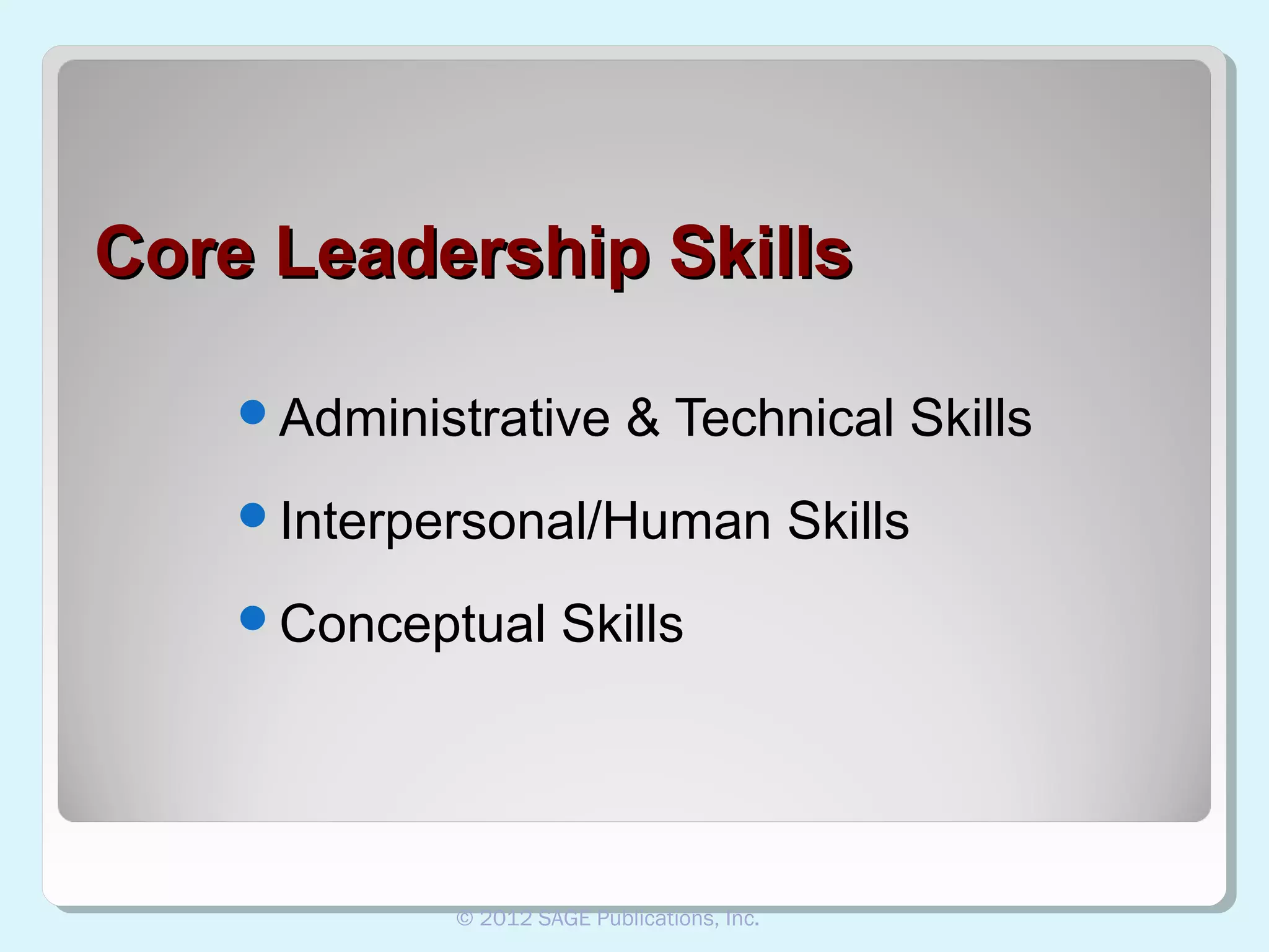 Core Leadership Skills
Administrative

& Technical Skills

Interpersonal/Human
Conceptual

Skills

© 2012 SAGE Publications, Inc.

Skills

 