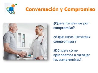 Conversación y Compromiso
¿Que entendemos por
compromiso?
¿A que cosas llamamos
compromisos?
¿Dónde y cómo
aprendemos a manejar
los compromisos?

 