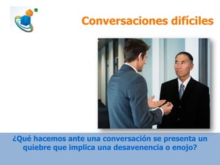 Conversaciones difíciles

¿Qué hacemos ante una conversación se presenta un
quiebre que implica una desavenencia o enojo?

 