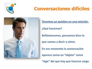 Conversaciones difíciles
Tenemos un quiebre en una relación.
¿Qué hacemos?
Reflexionamos, pensamos bien lo

que vamos a decir y cómo.
En ese momento la conversación
aparece como un “objeto” como
“algo” del que hay que hacerse cargo

 