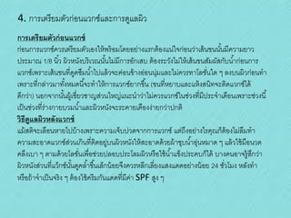 4. การเตรี ยมตัวก่อนแวกซ์และการดูแลผิว
กำรเตรียมตัวก่ อนแวกซ์
ก่อนการแวกซ์ควรเตรี ยมตัวเองให้ พร้ อมโดยอย่างแรกต้ องแน่ใจก่อนว่าเส้ นขนนันมีความยาว
้
ประมาณ 1/8 นิ ้ว ผิวหนังบริ เวณนันไม่มีการอักเสบ ต้ องระวังไม่ให้ เส้ นขนสัมผัสกับน ้าก่อนการ
้
แวกซ์เพราะเส้ นขนที่ดดซึมน ้าไปแล้ วจะค่อนข้ างอ่อนนุ่มและไม่ควรทาโลชันใด ๆ ลงบนผิวก่อนทา
ู
่
เพราะที่กล่าวมาทังหมดนี ้จะทาให้ การแวกซ์ยากขึ ้น (ขนที่หยาบและแห้ งสนิทจะติดแวกซ์ได้
้
ดีกว่า) นอกจากนันผู้เชี่ยวชาญส่วนใหญ่แนะนาว่าไม่ควรแวกซ์ในช่วงที่มีประจาเดือนเพราะช่วงนี ้
้
เป็ นช่วงที่ร่างกายบวมน ้าและผิวหนังจะระคายเคืองง่ายกว่าปกติ
วิธีดูแลผิวหลังแวกซ์
แม้ สติจะเลือนหายไปบ้ างเพราะความเจ็บปวดจากการแวกซ์ แต่ถึงอย่างไรคุณก็ต้องไม่ลืมทา
ความสะอาดแวกซ์สวนเกินที่ติดอยู่บนผิวหนังให้ สะอาดด้ วยผ้ าชุบน ้าอุ่นหมาด ๆ แล้ วใช้ มือนวด
่
คลึงเบา ๆ ตามด้ วยโลชันเพื่อช่วยปลอบประโลมผิวหรื อใช้ น ้าแข็งประคบก็ได้ บางคนอาจรู้สกว่า
่
ึ
ผิวหนังส่วนที่แว็กซ์นนดูคล ้าขึ ้นเล็กน้ อยจึงควรหลีกเลี่ยงแสงแดดอย่างน้ อย 24 ชัวโมง หลังทา
ั้
่
หรื อถ้ าจาเป็ นจริ ง ๆ ต้ องใช้ ครี มกันแดดที่มีค่า SPF สูง ๆ

 