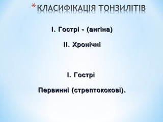 І. Гострі - (ангіна)
ІІ. Хронічні

І. Гострі
Первинні (стрептококові).

 