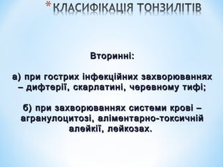 Вторинні:
а) при гострих інфекційних захворюваннях
– дифтерії, скарлатині, черевному тифі;
б) при захворюваннях системи крові –
агранулоцитозі, аліментарно-токсичній
алейкії, лейкозах.

 