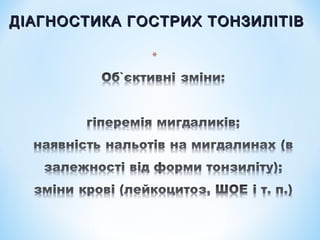 ДІАГНОСТИКА ГОСТРИХ ТОНЗИЛІТІВ

 