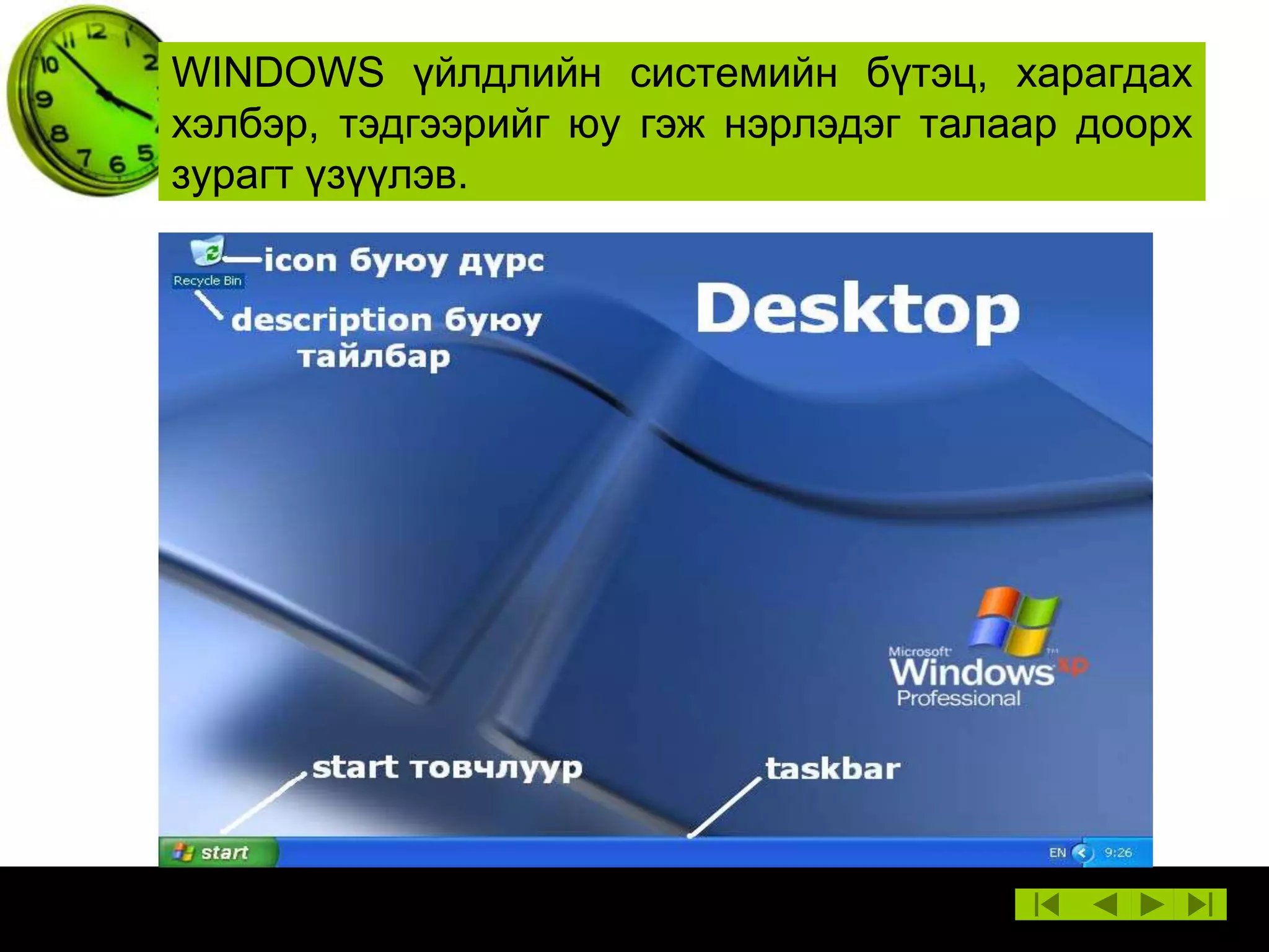 WINDOWS үйлдлийн системийн бүтэц, харагдах
хэлбэр, тэдгээрийг юу гэж нэрлэдэг талаар доорх
зурагт үзүүлэв.

 