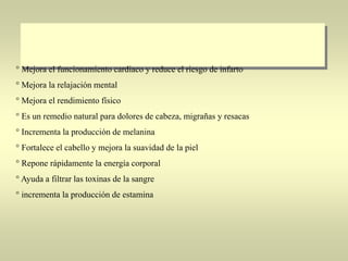 ° Mejora el funcionamiento cardiaco y reduce el riesgo de infarto

° Mejora la relajación mental
° Mejora el rendimiento físico
° Es un remedio natural para dolores de cabeza, migrañas y resacas
° Incrementa la producción de melanina

° Fortalece el cabello y mejora la suavidad de la piel
° Repone rápidamente la energía corporal
° Ayuda a filtrar las toxinas de la sangre
° incrementa la producción de estamina

 