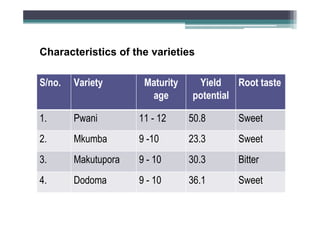 Characteristics of the varieties
S/no.

Variety

Maturity
age

Yield
Root taste
potential

1.

Pwani

11 - 12

50.8

Sweet

2.

Mkumba

9 -10

23.3

Sweet

3.

Makutupora

9 - 10

30.3

Bitter

4.

Dodoma

9 - 10

36.1

Sweet

 