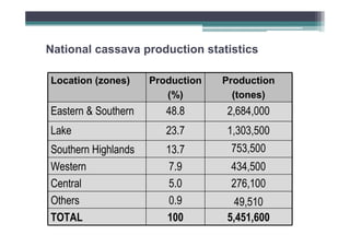 National cassava production statistics
Location (zones)

Production
(%)

Production
(tones)

Eastern & Southern

48.8

2,684,000

Lake

23.7

1,303,500

Southern Highlands
Western
Central
Others
TOTAL

13.7
7.9
5.0
0.9
100

753,500
434,500
276,100
49,510
5,451,600

 