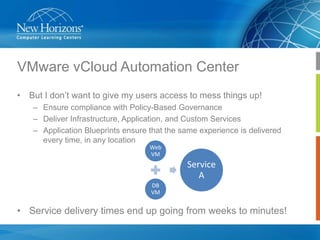 VMware vCloud Automation Center
• But I don’t want to give my users access to mess things up!
– Ensure compliance with Policy-Based Governance
– Deliver Infrastructure, Application, and Custom Services
– Application Blueprints ensure that the same experience is delivered
every time, in any location
Web
VM

Service
A
DB
VM

• Service delivery times end up going from weeks to minutes!

 