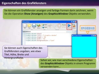 Eigenschaften des Grafikfensters
Sie können ein Grafikfenster anzeigen und farbige Formen darin zeichnen, wenn
Sie die Operation Show (Anzeigen) des GraphicsWindow-Objekts verwenden.

Sie können auch Eigenschaften des
Grafikfensters angeben, wie etwa
Titel, Höhe, Breite und
Hintergrundfarbe.
Sehen wir, wie man verschiedene Eigenschaften
des GraphicsWindow-Objekts in einem Programm
verwenden kann…

 