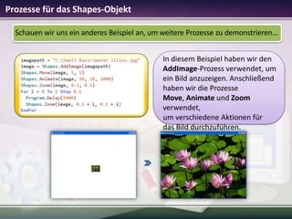 Prozesse für das Shapes-Objekt
Schauen wir uns ein anderes Beispiel an, um weitere Prozesse zu demonstrieren…
In diesem Beispiel haben wir den
AddImage-Prozess verwendet, um
ein Bild anzuzeigen. Anschließend
haben wir die Prozesse
Move, Animate und Zoom
verwendet,
um verschiedene Aktionen für
das Bild durchzuführen.

 