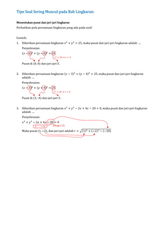Tipe Soal Sering Muncul pada Bab Lingkaran:
jariMenentukan pusat dan jari-jari lingkaran

Perhatikan pola persamaan lingkaran yang ada pada soal!
Contoh:
1.

Diberikan persamaan lingkaran ‫ ݔ‬ଶ ൅ ‫ ݕ‬ଶ ൌ 25, maka pusat dan jari-jari lingkaran adalah ….
Penyelesaian:

(‫ ݔ‬െ 0)ଶ ൅ (‫ ݕ‬െ 0)ଶ ൌ 25

‫ ݎ‬ଶ ൌ 25 ֜ ‫ ݎ‬ൌ 5

Pusat di (0, 0) dan jari-jari 5.
2.

Diberikan persamaan lingkaran (‫ ݔ‬െ 3)ଶ ൅ (‫ ݕ‬െ 4)ଶ ൌ 25, maka pusat dan jari-jari lingkaran
adalah ….
Penyelesaian:

(‫ ݔ‬െ 3)ଶ ൅ (‫ ݕ‬൅ 4)ଶ ൌ 25

‫ ݎ‬ଶ ൌ 25 ֜ ‫ ݎ‬ൌ 5

Pusat di (3, -4) dan jari-jari 5.
3.

Diberikan persamaan lingkaran ‫ ݔ‬ଶ ൅ ‫ ݕ‬ଶ െ 2‫ ݔ‬൅ 4‫ ݔ‬െ 20 ൌ 0, maka pusat dan jari-jari lingkaran
adalah ….
Penyelesaian:

‫ ݔ‬ଶ ൅ ‫ ݕ‬ଶ െ 2‫ ݔ‬൅ 4‫ ݔ‬െ 20 ൌ 0
1

െ2

dibagi (-2)

Maka pusat (1, െ2), dan jari-jari adalah ‫ ݎ‬ൌ ඥ(1)ଶ ൅ (െ2)ଶ െ (െ20)

 