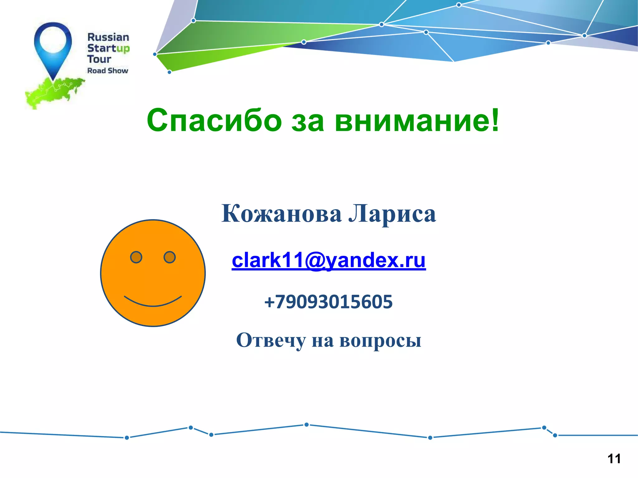 Спасибо за внимание!
Кожанова Лариса
clark11@yandex.ru
+79093015605
Отвечу на вопросы

11

 