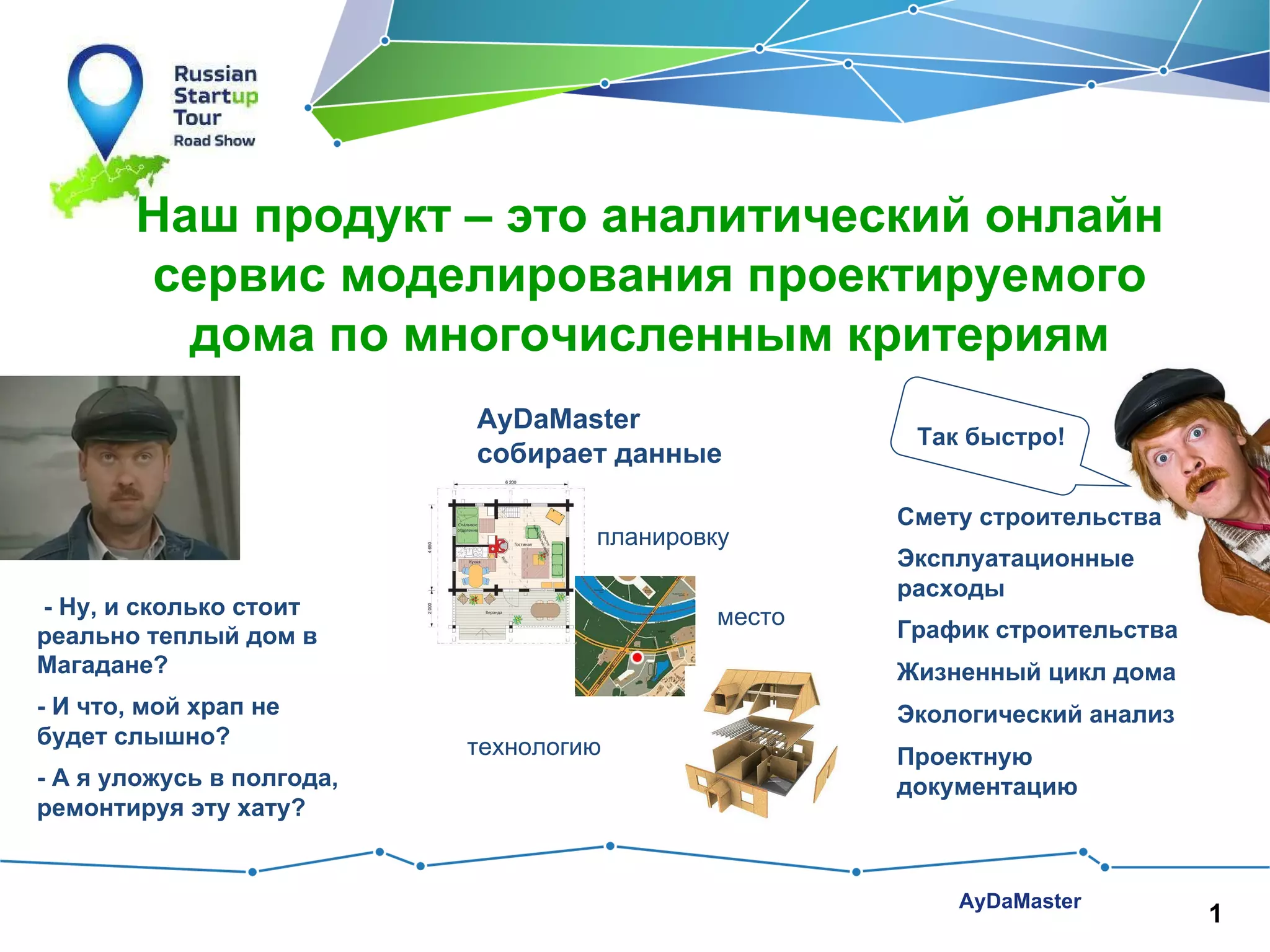 Наш продукт – это аналитический онлайн
сервис моделирования проектируемого
дома по многочисленным критериям
AyDaMaster
собирает данные
планировку
- Ну, и сколько стоит
реально теплый дом в
Магадане?
- И что, мой храп не
будет слышно?
- А я уложусь в полгода,
ремонтируя эту хату?

место

Так быстро!
Смету строительства
Эксплуатационные
расходы
График строительства
Жизненный цикл дома
Экологический анализ

технологию

Проектную
документацию

AyDaMaster

1

 