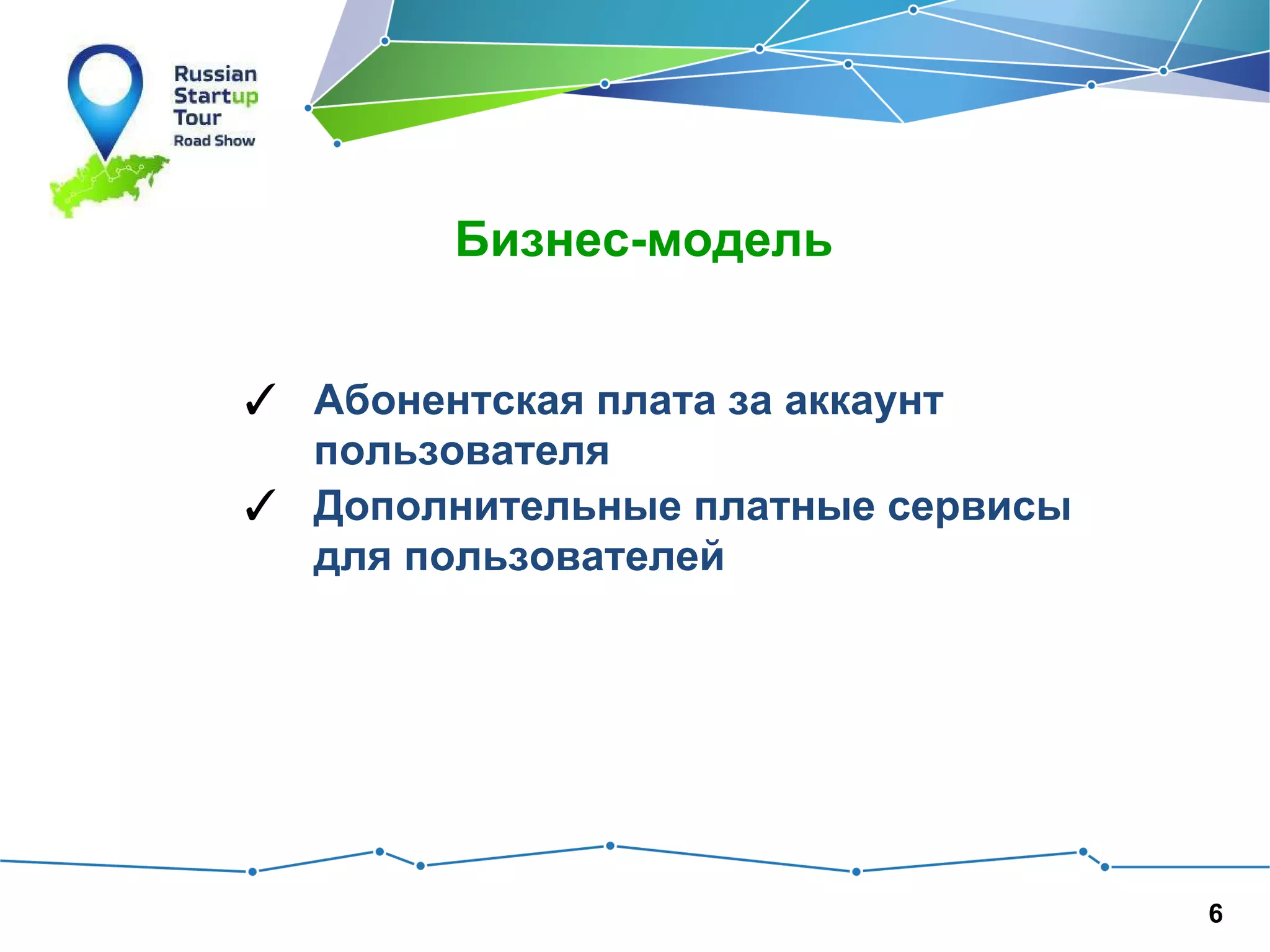 Бизнес-модель
✓ Абонентская плата за аккаунт
пользователя
✓ Дополнительные платные сервисы
для пользователей

6

 