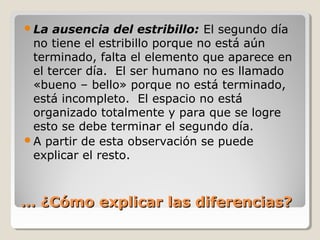 La

ausencia del estribillo: El segundo día
no tiene el estribillo porque no está aún
terminado, falta el elemento que aparece en
el tercer día. El ser humano no es llamado
«bueno – bello» porque no está terminado,
está incompleto. El espacio no está
organizado totalmente y para que se logre
esto se debe terminar el segundo día.
A partir de esta observación se puede
explicar el resto.

… ¿Cómo explicar las diferencias?

 