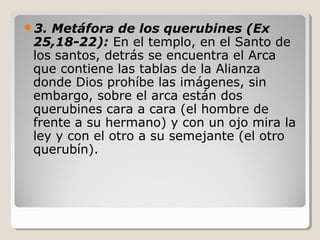 3.

Metáfora de los querubines (Ex
25,18-22): En el templo, en el Santo de
los santos, detrás se encuentra el Arca
que contiene las tablas de la Alianza
donde Dios prohíbe las imágenes, sin
embargo, sobre el arca están dos
querubines cara a cara (el hombre de
frente a su hermano) y con un ojo mira la
ley y con el otro a su semejante (el otro
querubín).

 