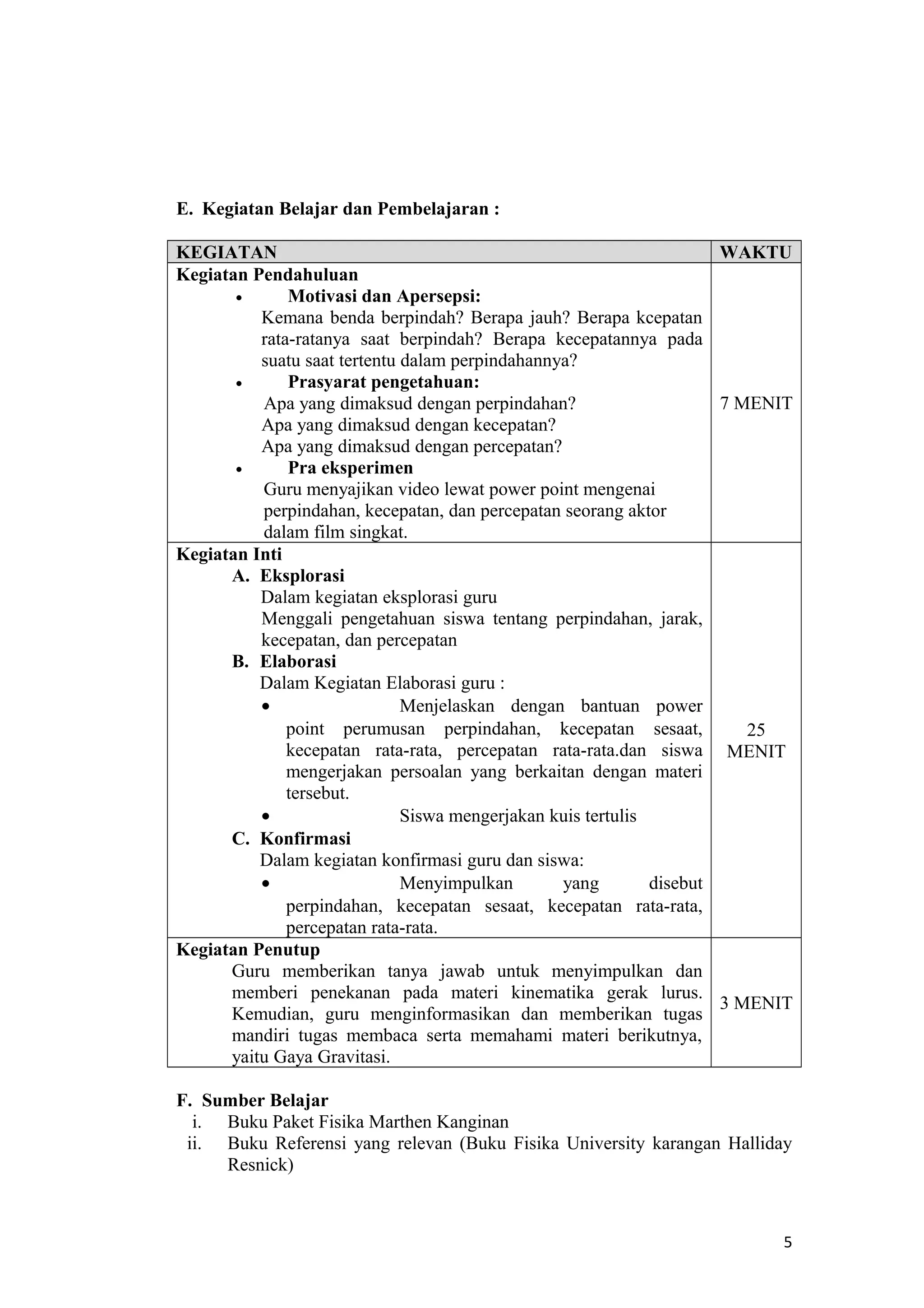 E. Kegiatan Belajar dan Pembelajaran :
KEGIATAN
WAKTU
Kegiatan Pendahuluan
•
Motivasi dan Apersepsi:
Kemana benda berpindah? Berapa jauh? Berapa kcepatan
rata-ratanya saat berpindah? Berapa kecepatannya pada
suatu saat tertentu dalam perpindahannya?
•
Prasyarat pengetahuan:
7 MENIT
Apa yang dimaksud dengan perpindahan?
Apa yang dimaksud dengan kecepatan?
Apa yang dimaksud dengan percepatan?
•
Pra eksperimen
Guru menyajikan video lewat power point mengenai
perpindahan, kecepatan, dan percepatan seorang aktor
dalam film singkat.
Kegiatan Inti
A. Eksplorasi
Dalam kegiatan eksplorasi guru
Menggali pengetahuan siswa tentang perpindahan, jarak,
kecepatan, dan percepatan
B. Elaborasi
Dalam Kegiatan Elaborasi guru :
•
Menjelaskan dengan bantuan power
point perumusan perpindahan, kecepatan sesaat,
25
kecepatan rata-rata, percepatan rata-rata.dan siswa MENIT
mengerjakan persoalan yang berkaitan dengan materi
tersebut.
•
Siswa mengerjakan kuis tertulis
C. Konfirmasi
Dalam kegiatan konfirmasi guru dan siswa:
•
Menyimpulkan
yang
disebut
perpindahan, kecepatan sesaat, kecepatan rata-rata,
percepatan rata-rata.
Kegiatan Penutup
Guru memberikan tanya jawab untuk menyimpulkan dan
memberi penekanan pada materi kinematika gerak lurus.
3 MENIT
Kemudian, guru menginformasikan dan memberikan tugas
mandiri tugas membaca serta memahami materi berikutnya,
yaitu Gaya Gravitasi.
F. Sumber Belajar
i. Buku Paket Fisika Marthen Kanginan
ii. Buku Referensi yang relevan (Buku Fisika University karangan Halliday
Resnick)

5

 