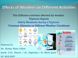 The Different activities affected by weather
Typhoon Signals
•Safety Measures during a Typhoon
•Common Ailments on Different Weather Conditions

Prepared by :
Ms. Shirley Puaso-Valera
Grade -3 St.. Francis / St.. Augustine / St. Maria Goretti
SY 2013-2014

 