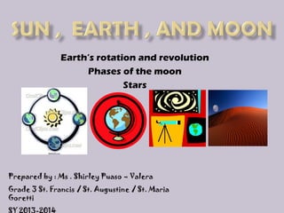 Earth’s rotation and revolution
Phases of the moon
Stars

Prepared by : Ms . Shirley Puaso – Valera
Grade 3 St. Francis / St. Augustine / St. Maria
Goretti

 