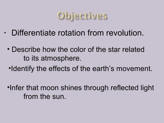•

Differentiate rotation from revolution.
• Describe how the color of the star related
to its atmosphere.
•Identify the effects of the earth’s movement.
•Infer that moon shines through reflected light
from the sun.

 