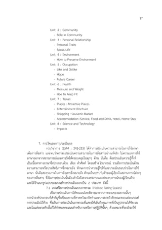 17
Unit
Unit
Unit
Unit
Unit
Unit
Unit
-

2 : Community
Role in Community
3 : Personal Relationship
Personal Traits
Social Life
4 : Environment
How to Preserve Environment
5 : Occupation
Like and Dislike
Hope
Future Career
6 : Health
Measure and Weight
Hoe to Keep Fit
7 : Travel
Places : Attractive Places
Entertainment Brochure
Shopping : Souvenir Market
Accommodation :Service, Food and Drink, Hotel, Home Stay
8 : Science and Technology
Impacts

7. การวัดและการประเมินผล
กรมวิชาการ (2544 : 245-253) ได้ทาการประเมินความสามารถในการใช้ภาษา
เพื่อการสื่อสาร และพบว่าควรจะประเมินความสามารถในการสื่อสารอย่างแท้จริง ไม่ควรแยกการใช้
ภาษาออกจากสถานการณ์และควรวัดให้ครอบคลุมในทุกๆ ด้าน นั่นคือ ต้องประเมินความรู้ทั้งที่
เป็นเนื้อหาทางภาษาซึ่งประกอบด้วย เสียง คาศัพท์ โครงสร้าง ไวยากรณ์ รวมถึงการประเมินด้าน
ความสามารถหรือประสิทธิภาพซึ่งหมายถึง ทักษะการนาความรู้ไปใช้และประเมินขอบข่ายในการใช้
ภาษา นั่นคือสมรรถภาพในการสื่อสารซึ่งหมายถึง ทักษะในการปรับตัวของผู้เรียนในสถานการณ์ต่างๆ
ของการสื่อสาร ซึ่งในการประเมินนั้นต้องคานึงถึงความสามารถและประสบการณ์ของผู้เรียนด้วย
และได้จาแนกรูปแบบของเกณฑ์การประเมินออกเป็น 2 ประเภท ดังนี้
7.1 เกณฑ์ในการประเมินแบบภาพรวม (Holistic Rating Scales)
เป็นการประเมินการให้คะแนนโดยพิจารณาจากภาพรวมของผลงานนั้นๆ
การนาองค์ประกอบที่สาคัญซึ่งเป็นผลงานที่คาดหวังมาจัดทาและบรรยายถึงลักษณะของแต่ละเกณฑ์
การประเมินไว้ด้วย ซึ่งเป็นการประเมินในภาพรวมที่แสดงให้เห็นถึงคุณภาพทีเป็นรูปธรรมได้ชัดเจน
่
และในแต่ละระดับนั้นก็ได้กาหนดคะแนนสาหรับงานหรือการปฏิบัตินั้นๆ ด้วยเหมาะที่จะนามาใช้

 