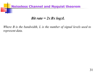Noiseless Channel and Nyquist theorem

Bit rate = 2X BX log2L
Where B is the bandwidth, L is the number of signal levels used to
represent data.

31

 