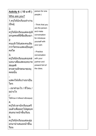 Activity 4: 15
Who are you?

person for one
people

1.
- Think that you

2.

are the person
and make
conversation

2

for introduce
yourself with
your pair.
- Practice

3.

conversation
with your
partner and
present fort of
the class.

-

*

4.

5.

 