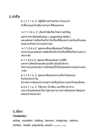 2.
.1.1.1.1 . 2

.1.1.1.4 . 2
supporting detail

.1.1.2.4 .2

.1.1.2.5

2

1.1.3.1 . 2

2.2.1.1

2

3.
Vocabulary :
acting , excellent , kidding , famous , imaginary , admire ,
military , leader, popularity, award, personality, profiles

 
