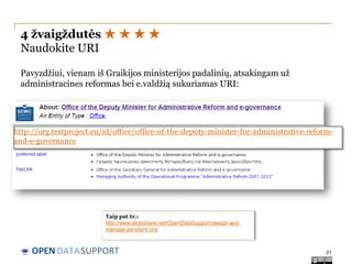 4 žvaigždutės ★ ★ ★ ★
Naudokite URI
Pavyzdžiui, vienam iš Graikijos ministerijos padalinių, atsakingam už
administracines reformas bei e.valdžią sukuriamas URI:

http://org.testproject.eu/id/office/office-of-the-deputy-minister-for-administrative-reformand-e-governance

Taip pat žr.:
http://www.slideshare.net/OpenDataSupport/design-andmanage-persitent-uris

OPEN DATASUPPORT

21

 