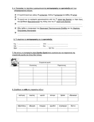 6. α. Ξαναγράψε τις προτάσεις χρησιμοποιώντας συντομογραφίες και αρκτικόλεξα αντί των
υπογραμμισμένων λέξεων.
Ø Η τεχνητή λίμνη έχει μήκος 14 χιλιόμετρα, πλάτος 4 χιλιόμετρα και βάθος 60 μέτρα.
Ø ………………………………………………………………………………………………………………………………………………………………
Ø Τα αγγεία και τα νομίσματα χρονολογούνται από τον 7ο αιώνα προ Χριστού, οι τάφοι όμως
που βρέθηκαν Βορειοανατολικά της πόλης είναι του 1ου αιώνα μετά Χριστού.
Ø ………………………………………………………………………………………………………………………………………………………………
……………………………………………………………………………………………………………………………………………………………….
Ø Χθες ήρθαν οι λογαριασμοί του Οργανισμού Τηλεπικοινωνιών Ελλάδας και της Δημόσιας
Επιχείρησης Ηλεκτρισμού.
Ø ………………………………………………………………………………………………………………………………………………………………
………………………………………………………………………………………………………………………………………………………………
β. Τι σημαίνουν οι συντομογραφίες και τα αρκτικόλεξα;
π.μ. : …………………………………………………….
κτλ. : …………………………………………………
τηλ. : ……………………………………………………
π.χ. : ………………………………………………..
ΙΚΑ : ………………………………………………………………………. ΕΛ ΤΑ : ……………………………………………………
7. Να κλίνεις το συνηρημένο ρήμα ξεχνάω-ξεχνώ στον ενεστώτα και τον παρατατικό της
ενεργητικής φωνής και στους δύο τύπους:

Ενεργητική φωνή
Ενεστώτας

Παρατατικός

8. Διόρθωσε τα λάθη στις παρακάτω λέξεις:
οφέλιμος

ώφελος

ωφελό

σύνεφο

βρήση

υδροφώρα

ηδροπλάνω

ύδρεφση

πλημύρα

αμουδιά

ατμόσφερα

δύκτιο

 