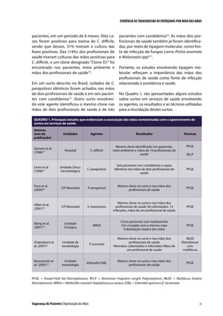 EVIDÊNCIA DE TRANSMISSÃO DE PATÓGENOS POR MEIO DAS MÃOS

pacientes, em um período de 6 meses. Oito casos foram positivos para toxina do C. difficile,
sendo que desses, 31% tiveram a cultura das
fezes positivas. Dez (14%) dos profissionais de
saúde tiveram culturas das mãos positivas para
C. difficile, e um clone designado “Clone D1” foi
encontrado nos pacientes, meio ambiente e
mãos dos profissionais de saúde10.
Em um surto descrito no Brasil, isolados de C.
parapsilosis idênticos foram achados nas mãos
de dois profissionais de saúde e em seis pacientes com candidemia15. Outro surto envolvendo este agente identificou o mesmo clone nas
mãos de dois profissionais de saúde e de três

pacientes com candidemia34. As mãos dos profissionais de saúde também já foram identificadas, por meio de tipagem molecular, como fonte de infecção de fungos como Pichia anomala
e Malassezia spp4,21.
Portanto, os estudos envolvendo tipagem molecular reforçam a importância das mãos dos
profissionais de saúde como fonte de infecção
relacionada à assistência à saúde.
No Quadro 1, são apresentados alguns estudos
sobre surtos em serviços de saúde envolvendo
os agentes, os resultados e as técnicas utilizadas
para a elucidação destes surtos.

QUADRO 1. Principais estudos que evidenciam a associação das mãos contaminadas com o aparecimento de
surtos em serviços de saúde.
Autores
(ano da
publicação)

Unidades

Agentes

Resultados

Técnicas

Samore et al.
(1996)10

C. difficile

Mesmo clone identificado nos pacientes,
meio ambiente e mãos de 10 profissionais de
saúde

PFGE

Hospital

RFLP

Levin et al.
(1998)15

Unidade Oncohematológica

C. parapsilosis

Seis pacientes com candidemia e cepas
idênticas nas mãos de dois profissionais de
saúde

PFGE

Foca et al.
(2000)35

UTI Neonatal

P. aeruginosa

Mesmo clone no surto e nas mãos dos
profissionais de saúde

PFGE

Villari et al.
(2001)31

UTI Neonatal

S. marcescens

Mesmo clone no surto e nas mãos dos
profissionais de saúde 56 colonizados, 15
infecções, mãos de um profissional de saúde

PFGE

Wang et al.
(2001)12

Unidade
Cirúrgica

MRSA

Cinco pacientes com mediastinite
Um cirurgião com a mesma cepa
Colonização nasal e das mãos

PFGE

MLEE
Eletroforese
com
multilocus

PFGE

Chakrabarti et
al. (2001)4

Unidade de
eonatologia

P. anomala

Mesmo clone no surto e nas mãos dos
profissionais de saúde
Neonatos colonizados e infectados Mãos de
um profissional de saúde

Bosczowski et
al. (2005)16

Unidade
eonatologia

Klebsiella ESBL

Mesmo clone no surto e nas mãos dos
profissionais de saúde

PFGE = Pulsed-Field Gel Electrophoresis; RFLP = Restriction Fragment Length Polymorphism; MLEE = Multilocus Enzime
Electrophoresis; MRSA = Methicillin-resistant Staphylococcus aureus; ESBL = Extended-spectrum β -lactamase.

Segurança do Paciente | Higienização das Mãos

23

 