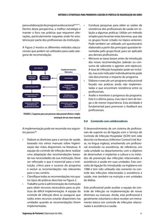 MÉTODOS E ESTRATÉGIAS PARA PROMOVER A ADESÃO ÀS PRÁTICAS DE HIGIENIZAÇÃO DAS MÃOS

para a elaboração do programa educacional28,30-31.
Dentro desta perspectiva, a melhor estratégia é
manter o foco nas práticas que requerem alterações, particularmente naquelas onde há resistência por parte dos profissionais da instituição.

•	

A Figura 2 mostra os diferentes métodos educacionais que podem ser utilizados para cada categoria de recomendação.
•	
Novo Manual

Práticas não
instituidas

Implementações
Métodos

Práticas já
instituidas

Comunicação

Implementação fácil

Programa de
educação, ex. aulas,
posters

Implementação difícil
- Falta recursos

Providenciar e
fornecer recursos

Implementação difícil
- Resistência dos
profissionais de saúde

Persecusão e estratégias
de mudança
comportamental

•	

•	

Conduza pesquisas para obter as razões da
resistência dos profissionais de saúde em relação a algumas práticas. Utilize um método
simples para levantar estas barreiras, que são
os grupos focais (citado no tópico anterior).
Pode também ser utilizado um questionário
elaborado a partir das principais questões levantadas pelo grupo focal, para ser aplicado
aos demais profissionais.
Mensure as taxas basais antes da introdução
das novas recomendações (adesão ou consumo de sabonete e agentes anti-sépticos).
A taxa de infecção hospitalar pode ser incluída, mas este indicador individualmente pode
não documentar o impacto do programa.
Elabore e execute um programa educacional
focado nas práticas ainda não implementadas e que encontram resistência entre os
profissionais.
Avalie e monitore o progresso do programa.
Este é o último passo, mas não é nem de longe o de menor importância. Esta atividade é
fundamental para promover o feedback aos
profissionais.

FIGURA 2. Esquema para um processo educacional efetivo e implementação de um novo manual.

9.6	 Contando com colaboradores
A implementação pode ser resumida nos seguintes passos28:
•	

•	
•	

Elabore as diretrizes para o serviço de saúde,
baseado nos vários manuais sobre higienização das mãos disponíveis na literatura. A
equipe do controle de infecção deve realizar
uma adaptação das recomendações baseada nas necessidades da sua instituição. Deve
ser reforçado o que é essencial para a instituição, crítico para o sucesso do programa
e excluir as recomendações não relevantes
para o seu cenário.
Classifique todas as recomendações nos quatro tipos de práticas descritas na Figura 2.
Trabalhe junto à administração da instituição
para obter recursos necessários para as práticas de difícil implementação. A equipe do
controle de infecção deve se assegurar que
todos estes recursos estarão disponíveis nas
unidades quando as recomendações forem
implementadas.

Segurança do Paciente | Higienização das Mãos

O desenvolvimento de um sistema de profissionais de suporte ou de ligação com o Serviço de
Controle de Infecção Hospitalar (SCIH) tem sido
descrito na literatura (Infection Control Link Nurse, na língua inglesa), envolvendo um profissional envolvido na assistência, de referência, em
cada unidade ou departamento, com o objetivo
de desenvolver e implantar a cultura e os métodos de prevenção das infecções relacionadas à
assistência à saúde em suas unidades. Este conceito de ligação foi introduzido na Inglaterra em
1988 e tem sido utilizado não somente no controle das infecções relacionadas à assistência à
saúde, mas também na nutrição e em unidades
de diálise.
Este profissional pode auxiliar a equipe do controle de infecção na implementação de novas
diretrizes ou manuais. Ainda, este profissional é
geralmente voluntário e deve receber um treinamento básico em controle de infecções relacionadas à assistência à saúde.
81

 