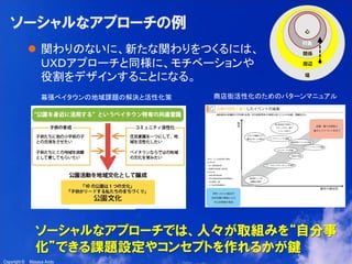12

ソーシャルなアプローチの例
 関わりのないに、新たな関わりをつくるには、
ＵＸＤアプローチと同様に、モチベーションや
役割をデザインすることになる。
幕張ベイタウンの地域課題の解決と活性化策

商店街活性化のためのパターンマニュアル

ソーシャルなアプローチでは、人々が取組みを“自分事
化”できる課題設定やコンセプトを作れるかが鍵
Copyright ©

Masaya Ando

 