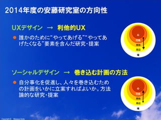 16

2014年度の安藤研究室の方向性
ＵＸデザイン → 利他的ＵＸ
 誰かのために“やってあげる”“やってあ
げたくなる”要素を含んだ研究・提案

ソーシャルデザイン → 巻き込む計画の方法
 自分事化を促進し、人々を巻き込むため
の計画をいかに立案すればよいか。方法
論的な研究・提案

Copyright ©

Masaya Ando

 