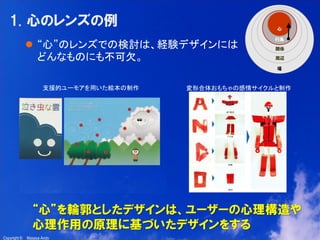 7

1. 心のレンズの例
 “心”のレンズでの検討は、経験デザインには
どんなものにも不可欠。
支援的ユーモアを用いた絵本の制作

変形合体おもちゃの感情サイクルと制作

“心”を輪郭としたデザインは、ユーザーの心理構造や
心理作用の原理に基づいたデザインをする
Copyright ©

Masaya Ando

 