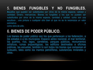 5. BIENES FUNGIBLES Y NO FUNGIBLES.
Aquellos que pueden ser substituidos por otros de la misma especie, calidad y
cantidad: Dinero, mercancías. Bienes no fungibles a los que no pueden ser
substituidos por otros de la misma especie, cantidad y calidad: como son una
escultura , una pintura o cualquier otro bien al que no se le reconozca un valor
estimativo
o
como obra de arte.

6. BIENES DE PODER PÚBLICO.
Los bienes de poder público son los que pertenecen a las federación, a
los estados o a los municipios: Espacio aéreo nacional, el mar territorial,
los puertos, ríos, lagos, carreteras, parques públicos, monumentos
artísticos, ruinas arqueológicas, los edificios destinados a oficinas
públicas, las escuelas; también lo son todos los bienes que componen el
subsuelo, tales como los mantos petrolíferos, substancias minerales y
otros.

 