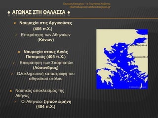 Χησηέξε Καηεξίλα- 1ν Γπκλάζην Κνδάλεο
(Βαιηαδώξεην) katchiot.blogspot.gr

 ΑΓΩΝΑ΢ ΢ΣΗ ΘΑΛΑ΢΢Α 




Νασματία ζηις Αργινούζες
(406 π.Χ.)
Δπηθξάηεζε ησλ Αζελαίσλ
(Κόνων)

Νασματία ζηοσς Αιγός
Ποηαμούς (405 π.Χ.)
Δπηθξάηεζε ησλ Σπαξηηαηώλ
(Λύζανδρος)
Οινθιεξσηηθή θαηαζηξνθή ηνπ
αζελατθνύ ζηόινπ








Ναπηηθόο απνθιεηζκόο ηεο
Αζήλαο

Οη Αζελαίνη ζηηούν ειρήνη
(404 π.Χ.)

 